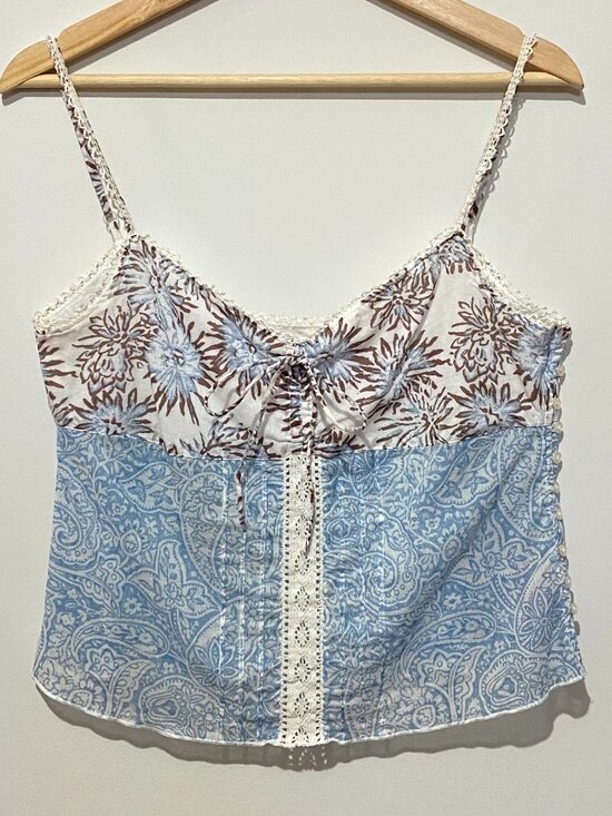 Guess Tops - Vintage Y2K Guess Camisole Top Blue Paisley Brown Floral Lace Babydoll Cotton